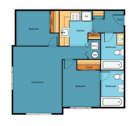 Floor plan for 2 beds, 2 baths, 761 sqft